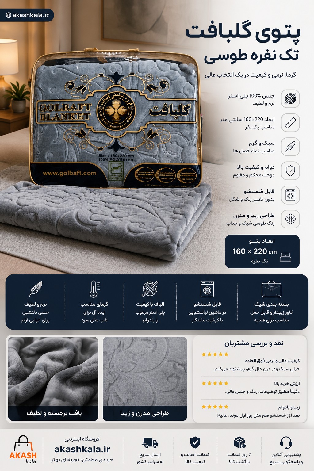 پتوی گلبافت تک نفره طوسی 160×220 سانتی‌متر | پلی‌استر نرم و لطیف